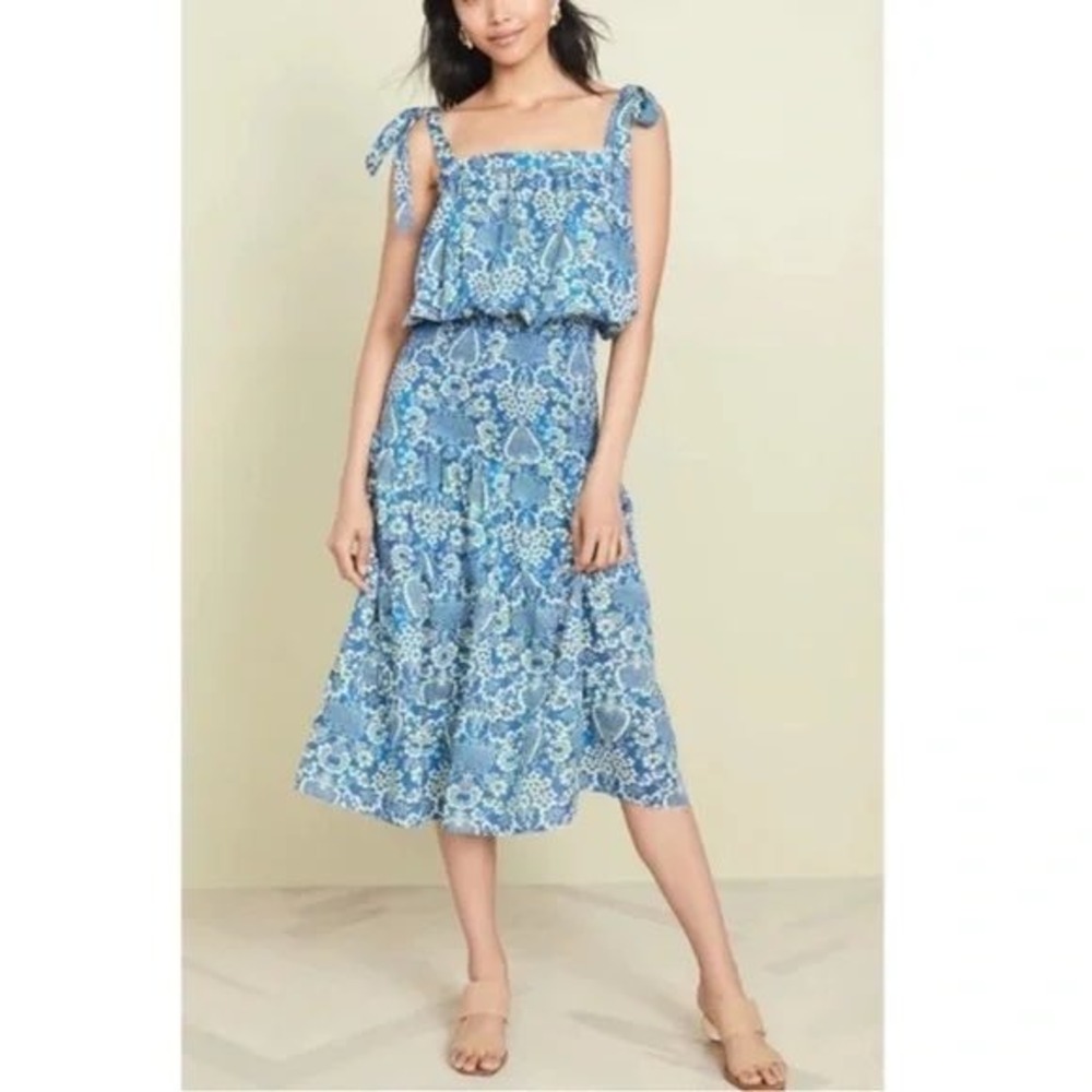 Rhode Resort Micah Smocked Tie Floral Midi Dress Size M Resort Vacation Bohemian